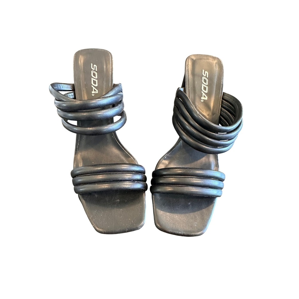 Soda Womens Black Strappy Block Heel Sandals Square Toe Padded‎ Slide Heels